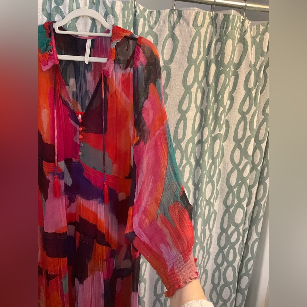 Anthropologie Marais Sheer Long Sleeve Maxi Dress in pink and red + multicolors - Picture 4 of 9